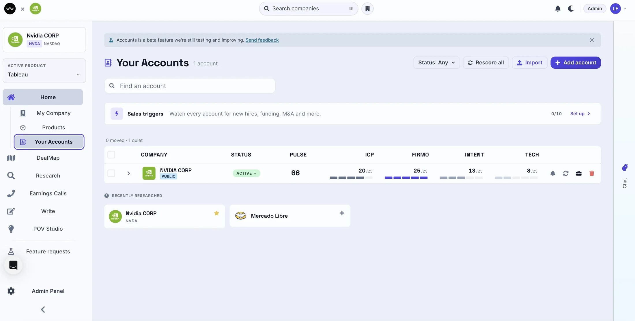 Your accounts list with pulse, ICP, intent and tech scores
