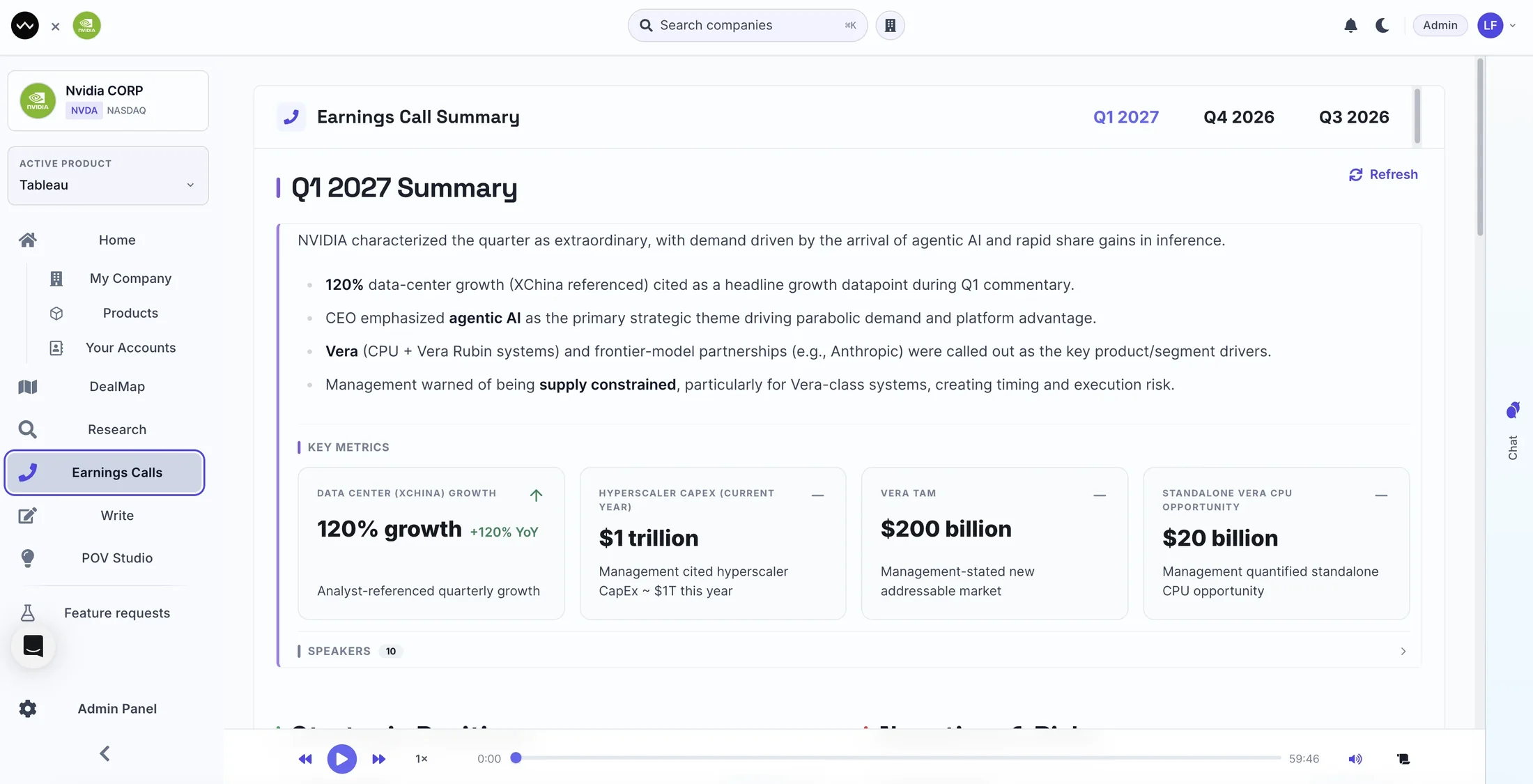 Earnings call summary with key metrics and audio playback